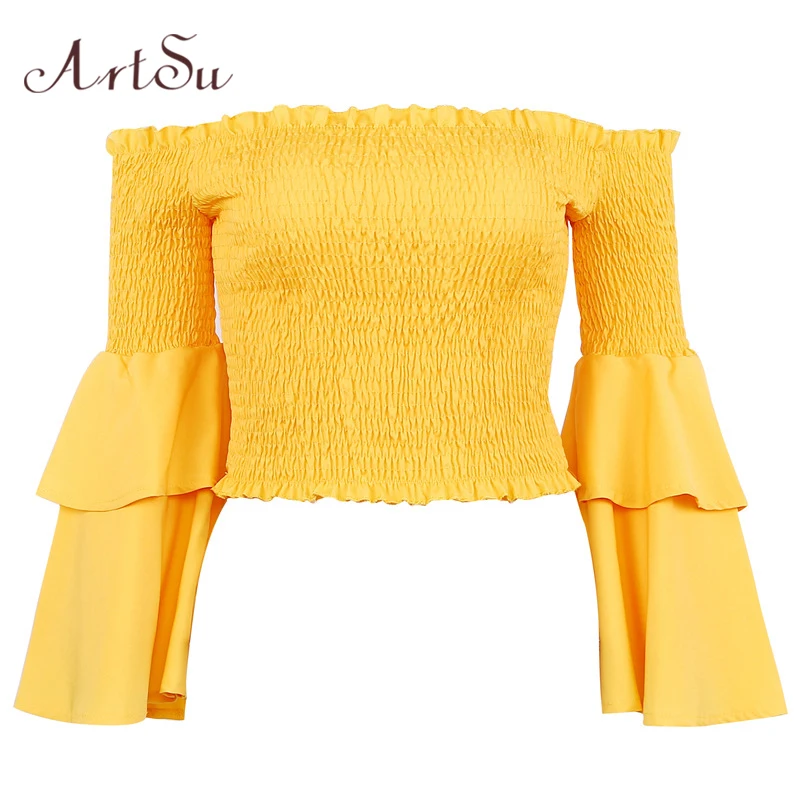 ArtSu de hombro de la Mujer Tops Sexy de Mujer blusa camisa manga de gasa blusas de moda Ropa de Mujer RASBL30124