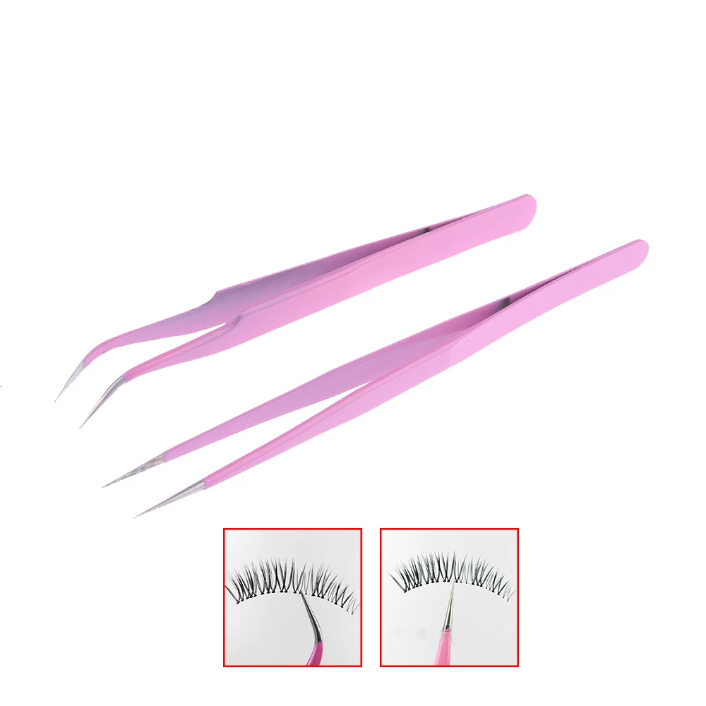 Pink Eyelash Extension Straight Bend Tweezers Pro Eyelashes Tweezers Clip Anti