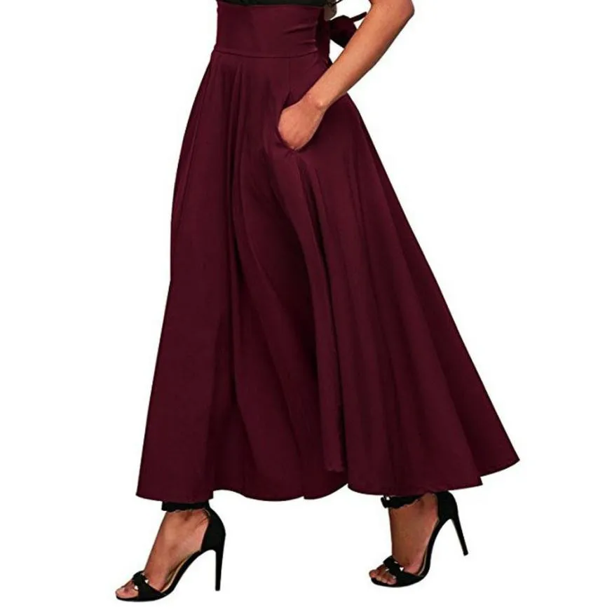 Trendzone 504 Для женщин Высокая талия плиссированные линия длинная юбка разрез спереди поясом макси юбка Бесплатная доставка