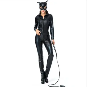 

2018 Ladies New Design Leather Wetlook Vinyl Catsuit Fancy Costume Party Zipper cross crotch Catwomen jumpsuit