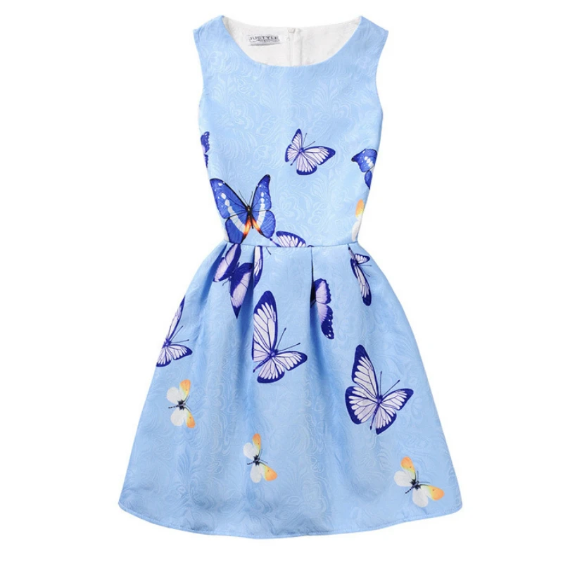 Lady Style Girls Dress Sleeveless Butterfly Floral Print Teenagers Dresses for Girls Designer Formal Party Dress