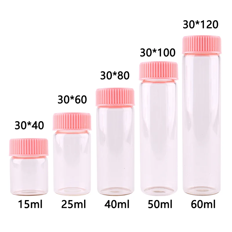 

Dia 30mm 15ml 25ml 40ml 50ml 60ml Transparent Glass Spice Bottles Jars Terrarium with Pink Plastic Lid Wedding Craft 24pcs