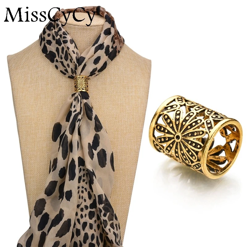 

MissCyCy Vintage Metal Scarf Clip Bohemia Hollow Engraving Flowers Brooches For Women Boutonniere