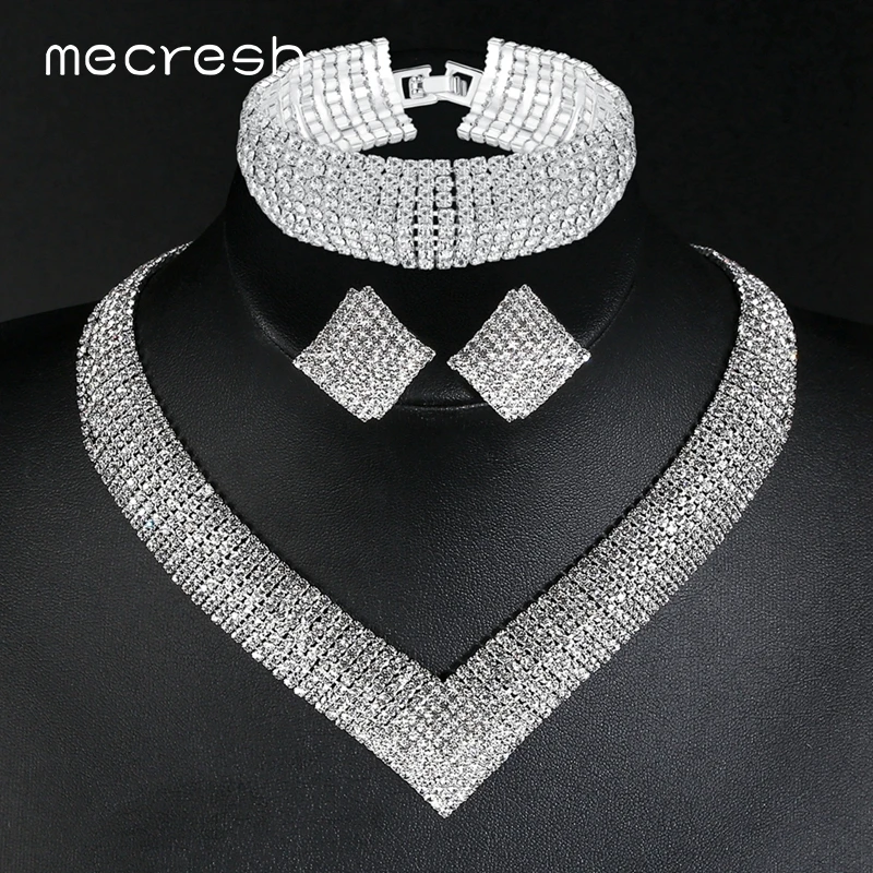 Mecresh Luxury Classic Crystal Bridal Jewelry Set for Women Clear Rhinestone Wedding Bracelets Necklace Sets 2018 TL475+SL341 | Украшения и