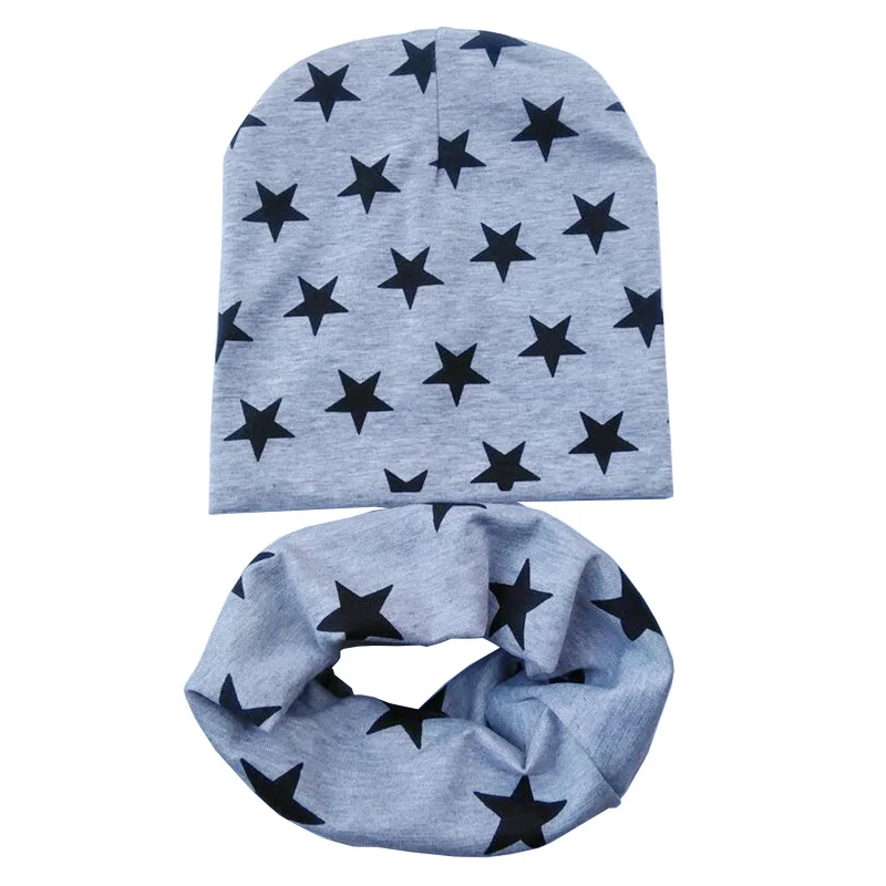 Grey star set Осенне-зимние детские шапочки, шапка, шарф, хлопковая детская шапка, принт со звездой, для мальчиков и девочек, для детей ясельного возраста, шапка, вязаная крючком, детская шапка, шарф - Цвет: Grey star set