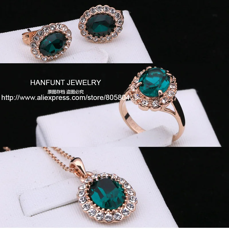 S107 Rose Gold Color AAA Green Austrian Crystal Jewelry Set With 3 Pcs Ring Necklace Eearrings
