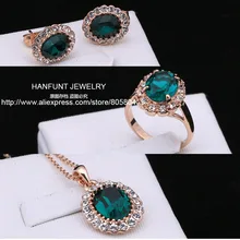 S107 Oro Rosa AAA del Color Verde de Cristal Austriaco Conjunto de Joyas con 3 Unids Anillo + Collar + Eearrings Para Las Mujeres venta al por mayor