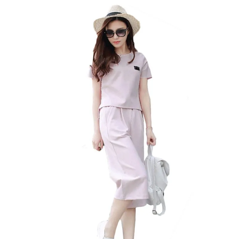 

Fashion Summer Women's Sets O-neck Short Sleeve Tops + Wide Leg Pants Women's 2pcs Set