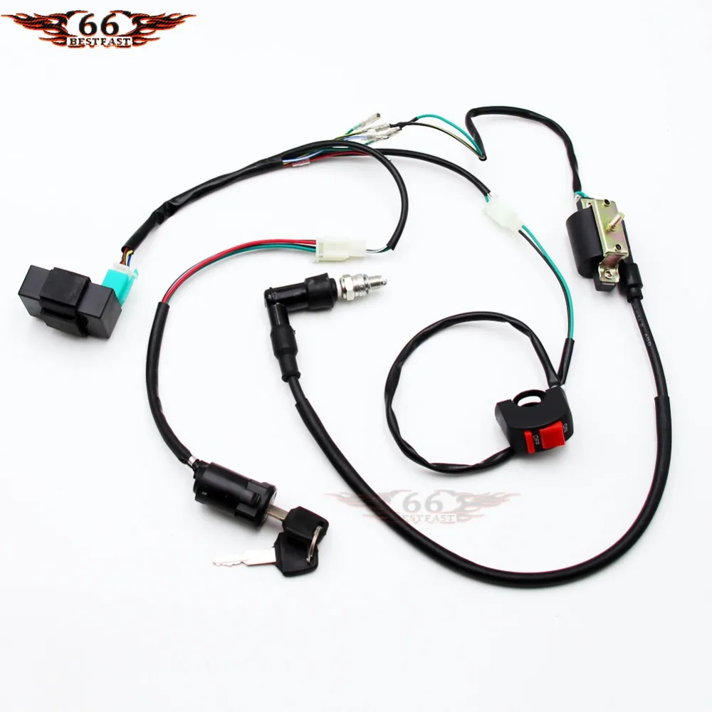 Complete Kick Start Engine Wiring Harness Loom CDI Coil Switch C7HSA Spark Plug Kit For 50cc 70cc 90cc 110cc 125cc 140cc PIT PRO Trail Dirt Bike