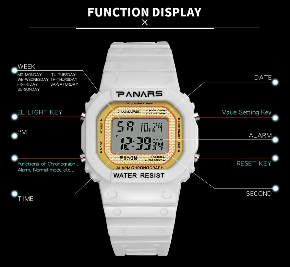 PANARS модные трендовые светящиеся спортивные часы многофункциональные мужские водонепроницаемые наручные часы фитнес цифровые часы будильник таймер часы