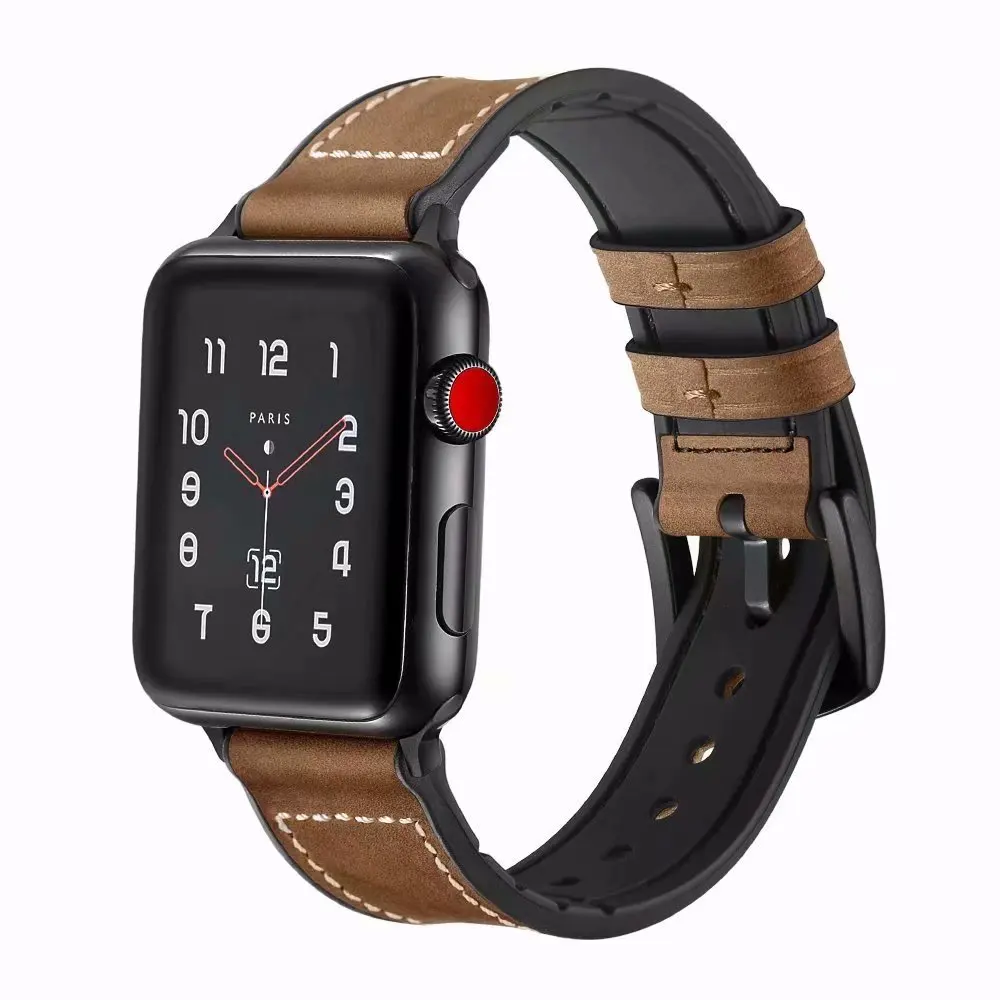 Мягкий силикон+ кожа спортивный ремешок для наручных часов Apple Watch серии 1/2/3/4/5 38 мм 42 мм резиновый ремешок для часов 40 мм 44 наручные часы резиновый ремень