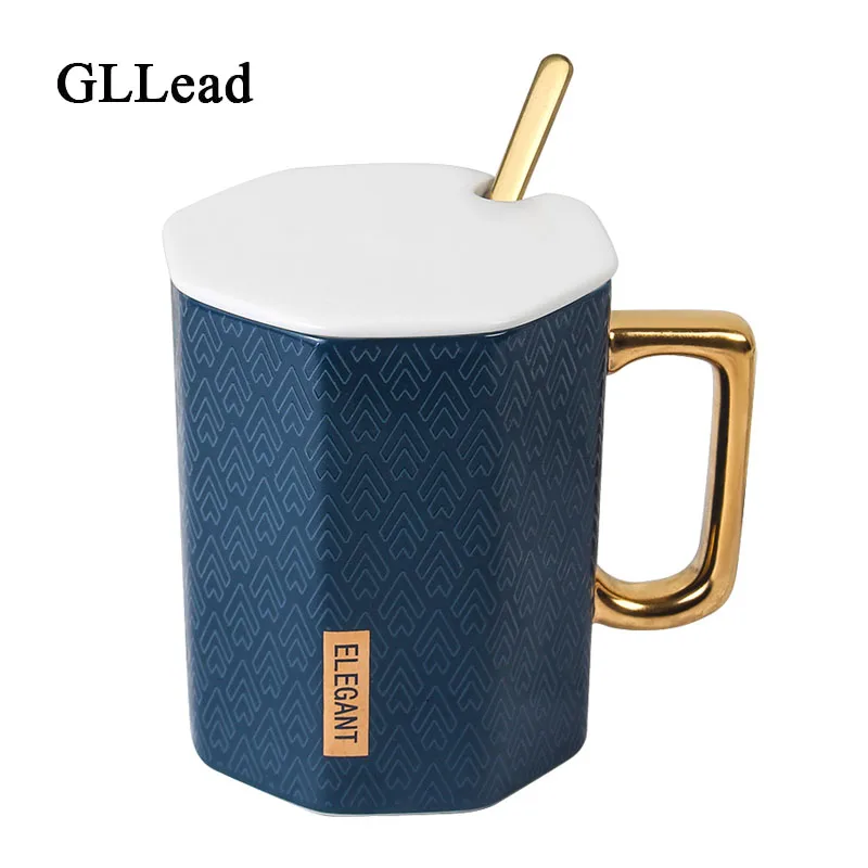 

GLLead Creative Diamond Shape Ceramic Coffee Mug Golden Hand Elegant Milk Cup With Lid And Spoon Fashion Office Teacup Porcelain