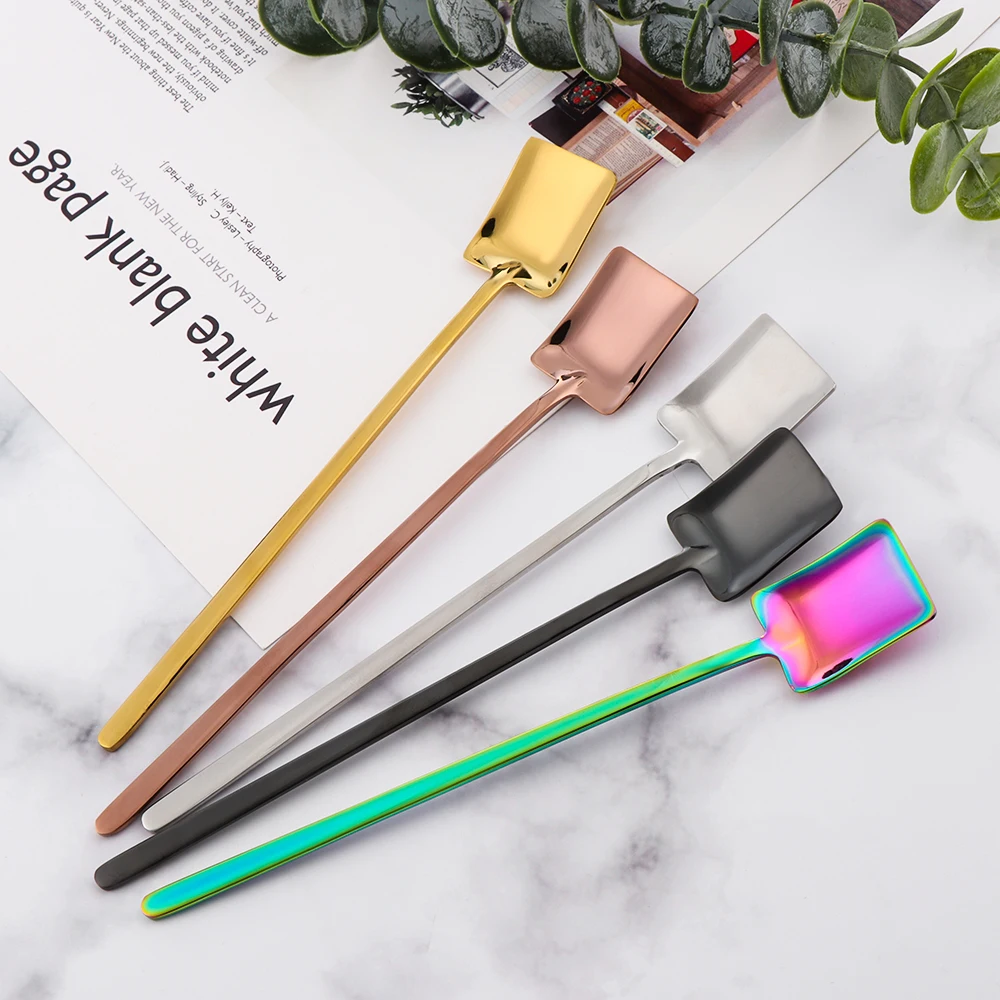 

1PC Kitchen Stainless Steel Exquisite Square Shovel Coffee Spoon Milk Tea Spoon Long Handle Stirring Scoop Dessert Flatware