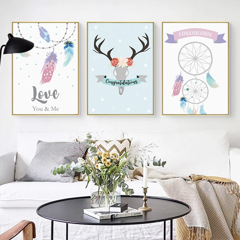 

Nordic Decoration Abstract Feather Canvas Painting Modern Minimalist Deer Head Wall Art Poster Print Picture For Living Room