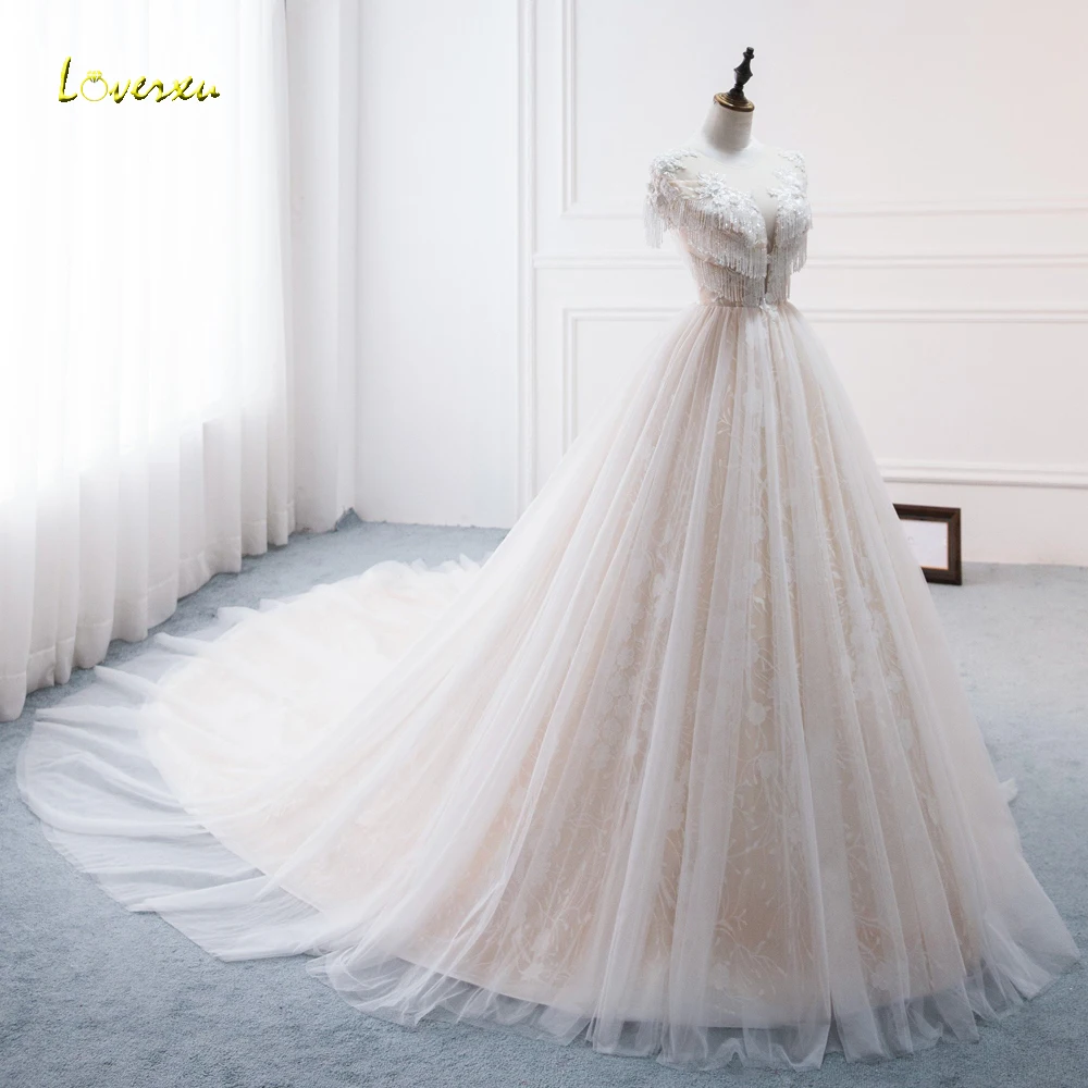 Loverxu Vestido De Noiva кружевное бальное платье с кисточками, свадебное платье, роскошное с коротким рукавом аппликации из бисера, часовня, свадебное платье с длинным подолом