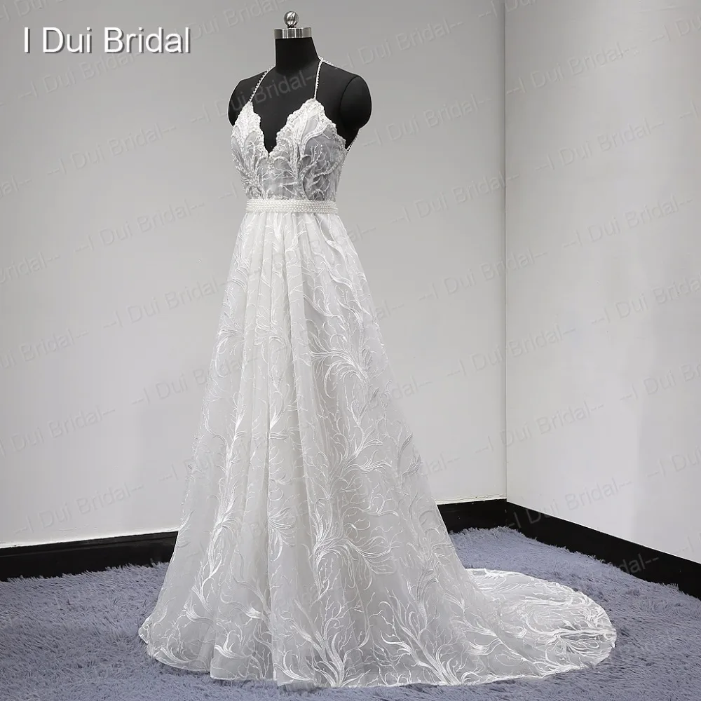 Уникальное кружевное свадебное платье на бретельках с открытой спиной и жемчугом, расшитое бисером, со съемным поясом, фабричное Настоящее фото, новинка