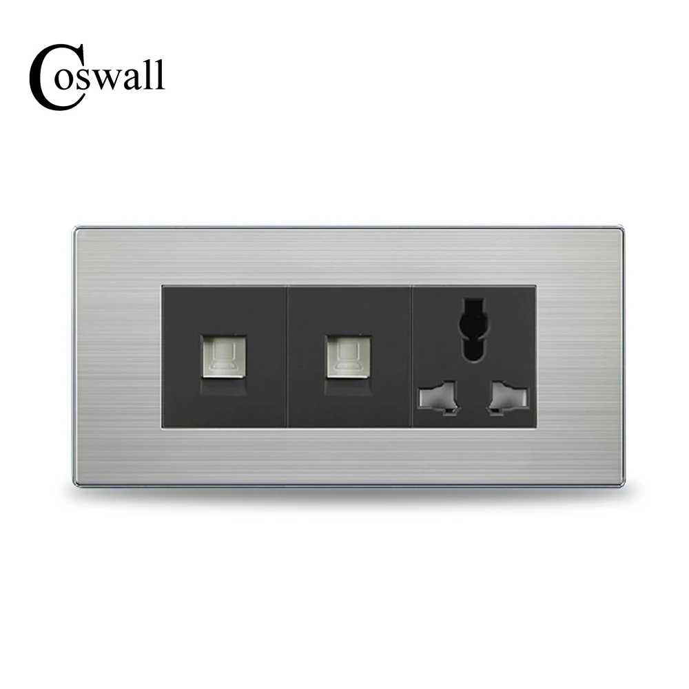 

COSWALL 3 Hole Universal Wall Power Socket With Double Internet Outlet RJ45 Stainless Steel Brushed Silver Panel 154mm*72mm