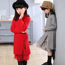 Новое зимнее платье-свитер для девочек, кружевное трикотажное платье с разрезом, длинное стильное детское платье с высоким воротником, RT318