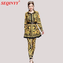 Retro Palace Print Women 3Pieces Sets 2018 Spring Fashion New Turn-Down Collar Shirt+Sashes Pleated Mini Skirt+Elastic Slim Pant