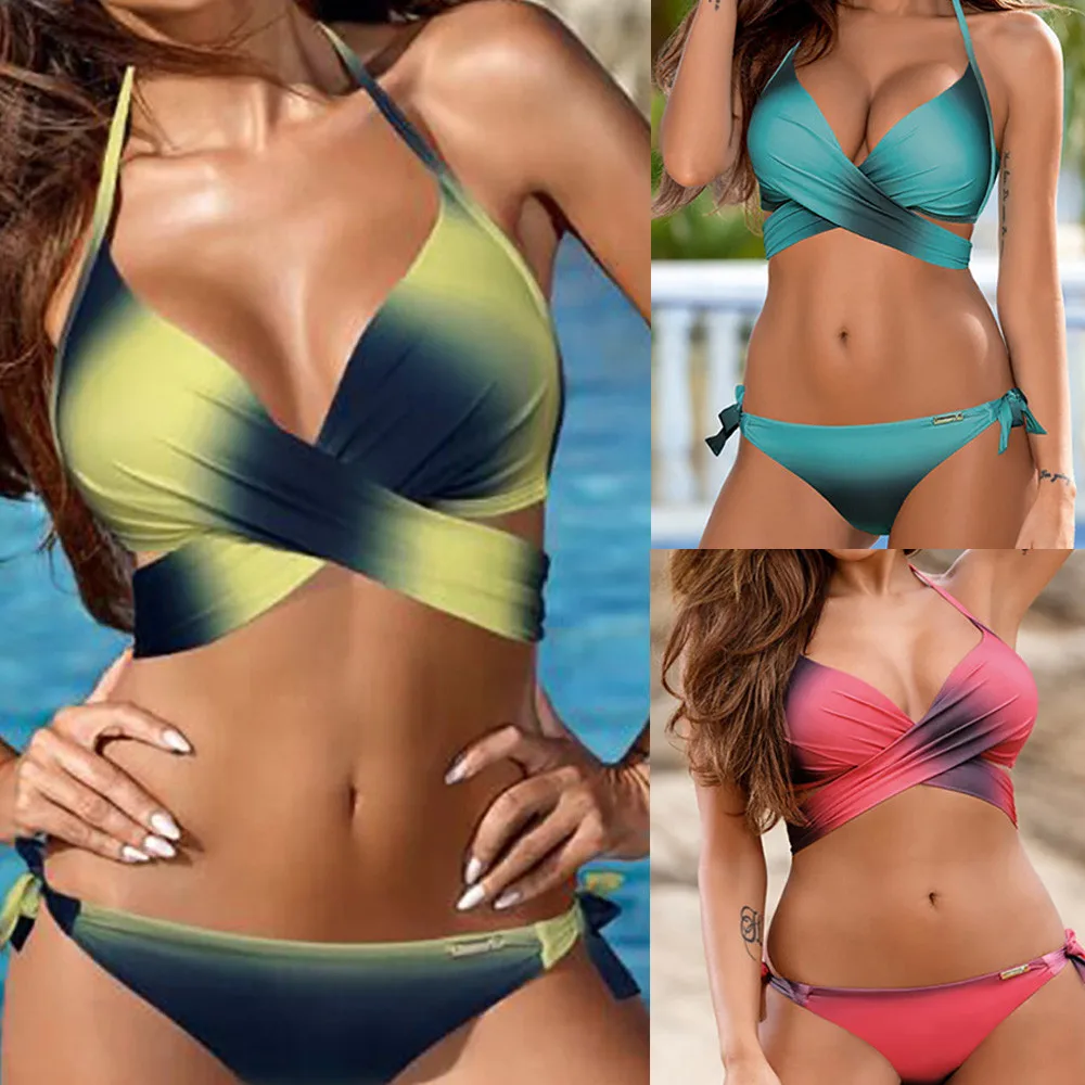

2018 New Sexy Gradient Color Swimwear Women Bikini Set Bandage Push-Up Padded Swimsuit Bathing Beachwear suits biquini S-XXL—