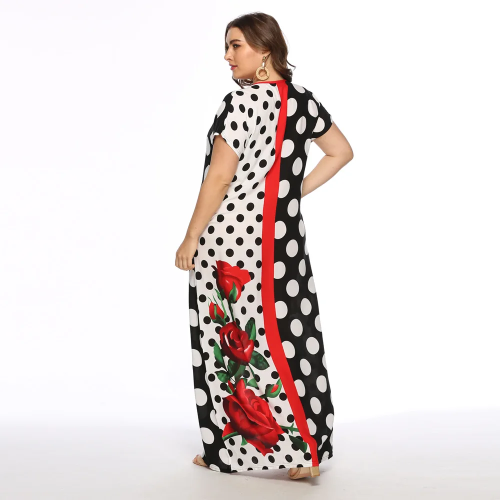Летнее модное женское Макси платье в горошек с цветочным принтом размера плюс с коротким рукавом мусульманское абайя, арабское исламское дубайское платье VKDR1555
