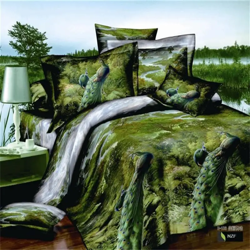 Green Jungle Peacock 3D Bird Print Bedding Set Queen Size Duvet Cover
