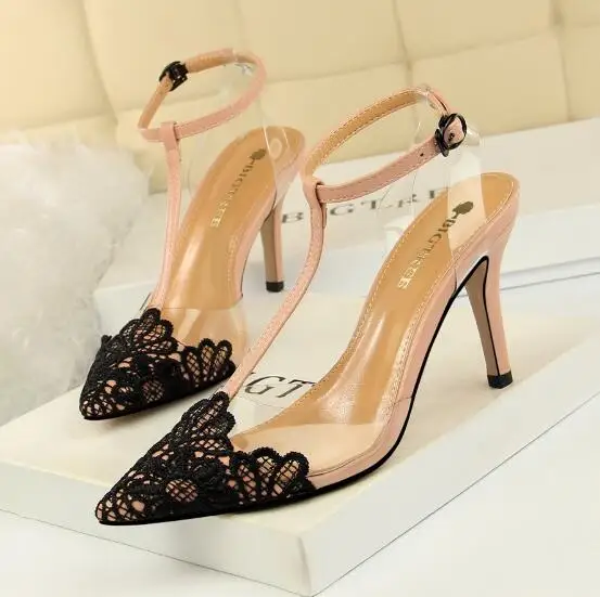 BIGTREE/новые стильные женские туфли-лодочки женская обувь на высоком каблуке Женская обувь с цветочным кружевом обувь с пряжкой женские летние сандалии женская обувь для вечеринок - Цвет: Телесный