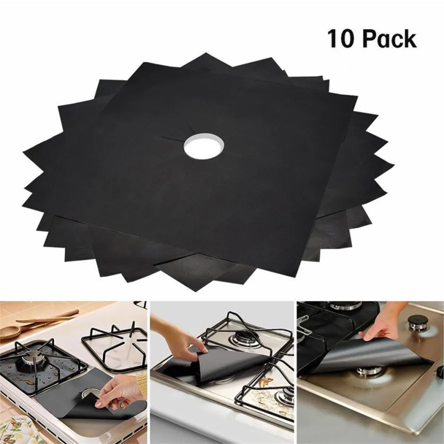 

New Kitchen Cookware Parts 10Pcs Reusable Gas Range Stove Top Burner Protector Liner Cover For Cleaning 33