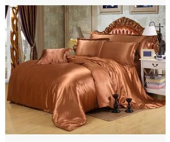 

Luxury Silk Bedding set brown Satin Super King size Queen full fitted bed sheets doona quilt duvet cover double bedspreads 5PCS