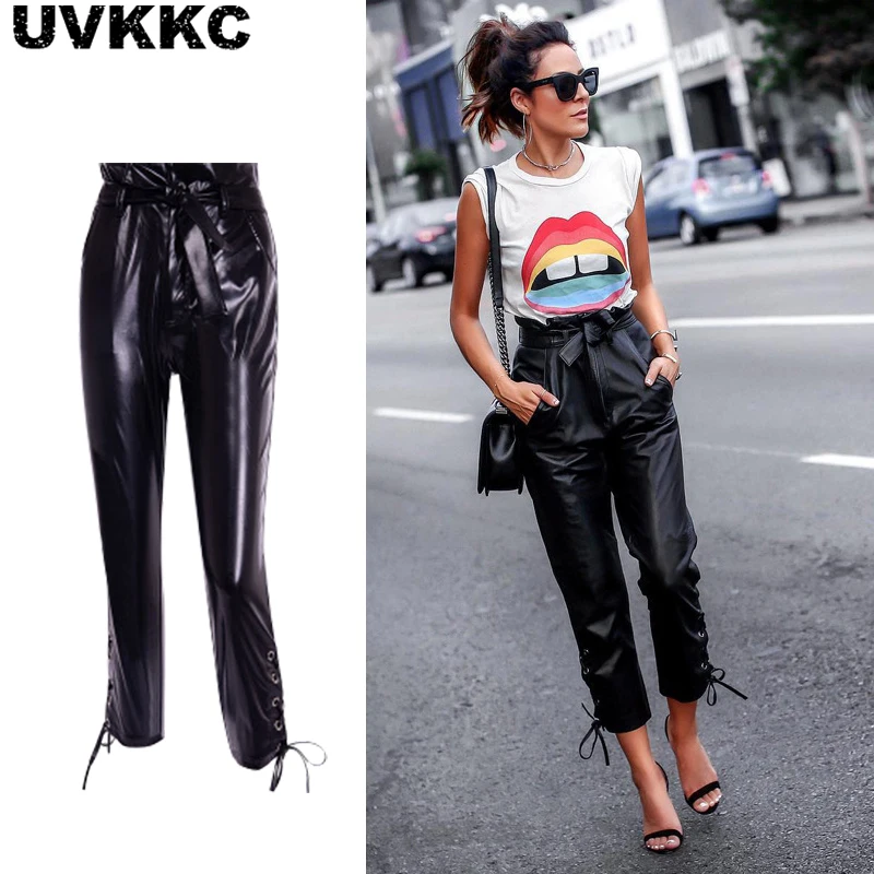 

Uvkkc Women PU Pants 2018 Autumn Fashion Femme Capris High Waist Hollow Out Tassel Zipper Casual Solid Pants For Women