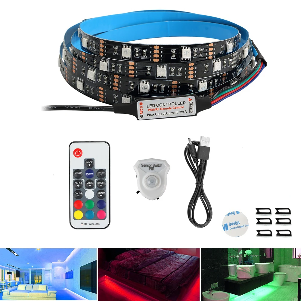 Движения Сенсор Светодиодные ленты PIR Сенсор Светодиодные ленты 5050 RGB USB 5V шкаф для хранения ювелирных Лестницы под кроватью светильник Спальня Санузел Ночной светильник с 3 м