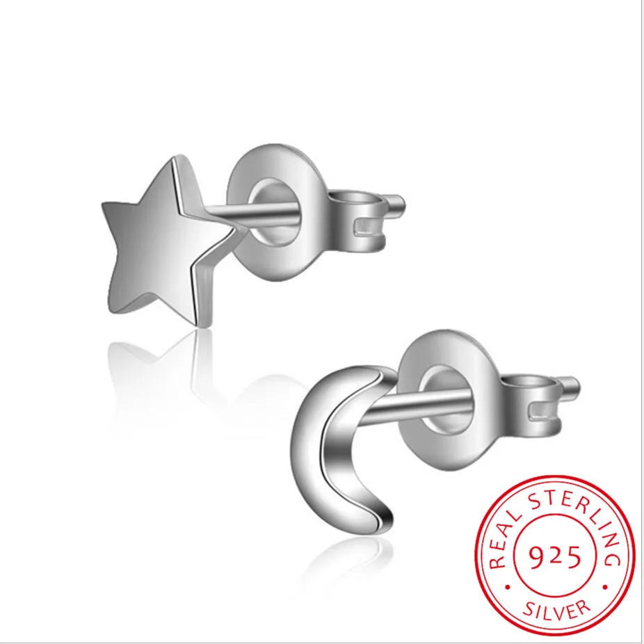 

925 Sterling Silver Cute Mini Moon Stars Asymmetric Stud Earrings Boucle D'oreille Brincos For Women Romantic Girl Gift