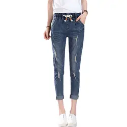 Новые джинсы с эластичной резинкой на талии женские новые весенние Осенние повседневные модные тонкие универсальные отверстия джинсовые