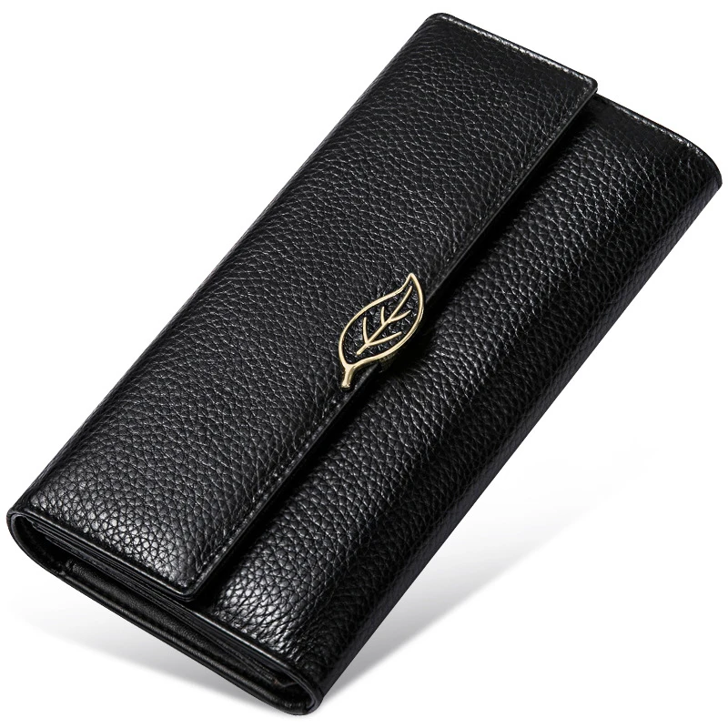 

2019 New Fashion 100% Genuine Leather Women Long Wallets Female Luxury Brand Design Clutch Girl Leaf Gift Cash Purse Card Holder