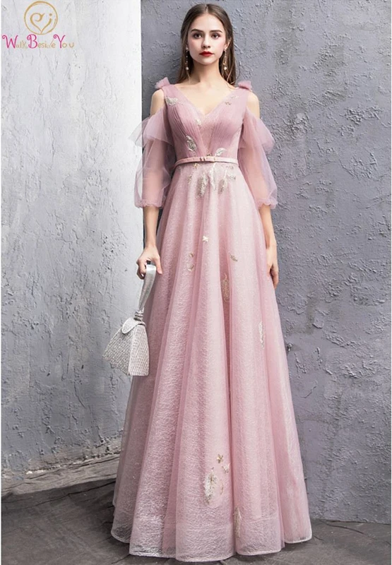 

New Design Prom Dress V-neck 3/4 Sleeves Floor Length Lace-up Back Pink Beading Sequined Lace A-line Elegant Evening Dresses