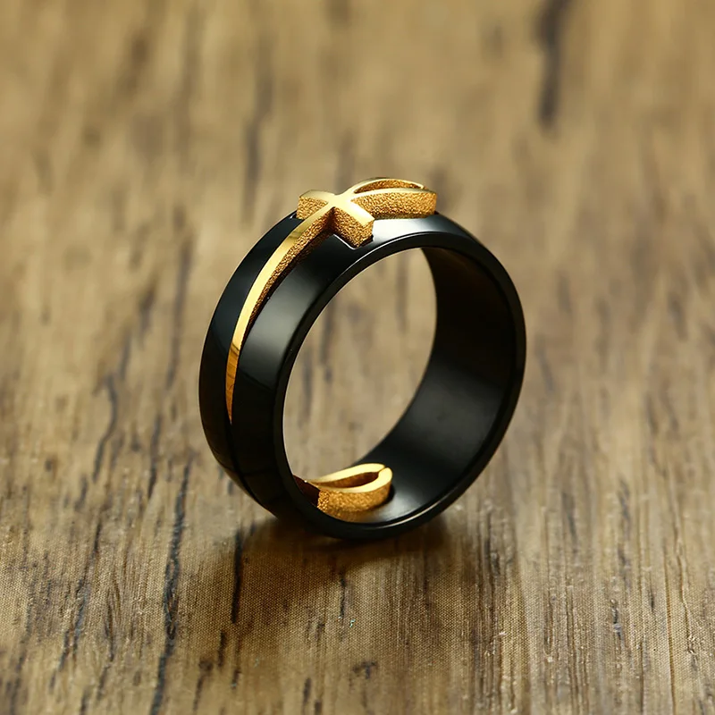 Men's Two Tone Cut out Ankh Egyptian Cross Ring for Men Stainless Steel Gold Black Can Split