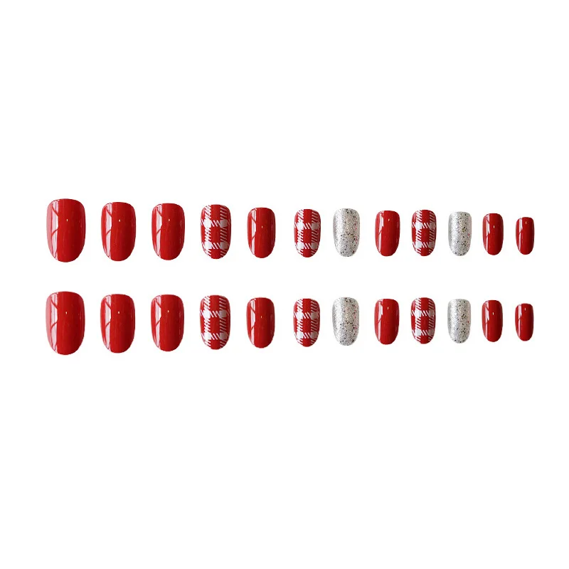 Red Well Pattern Stripe Fake Nails With Design Pointed Temperament French Finished Short Nail Art Adhesive Lot With Glue 24Count