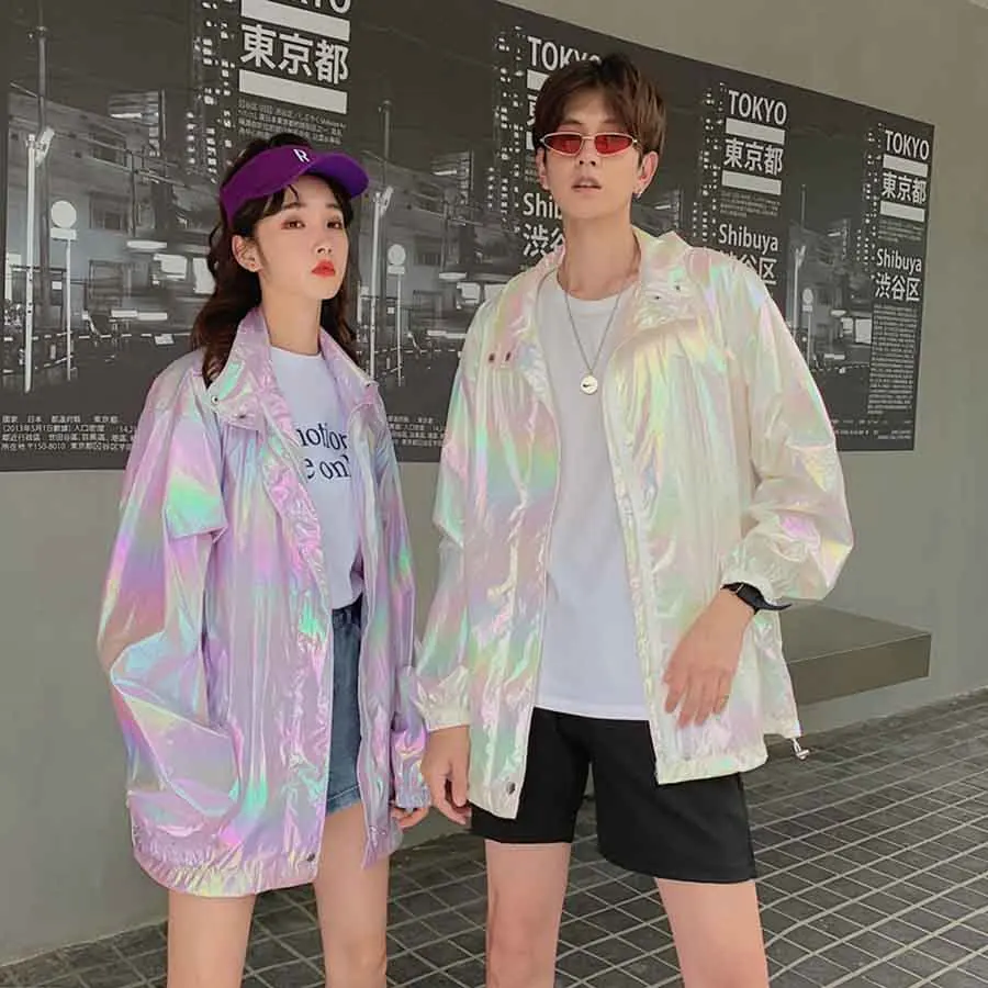 Summer Thin Laser Hip Hop Jacket Windbreaker Men Streetwear Harajuku Swag Hooded Jackets Gradient Sunscreen Couple Unisex Coats