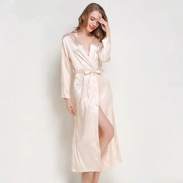 Женский Осенний длинный халат, сексуальный Шелковый Атласный ночной халат, кружевное кимоно, однотонный халат с длинным рукавом, банный халат, модный Халат - Цвет: Champagne