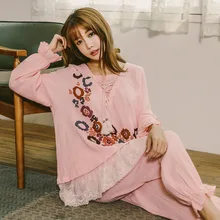 Весенние хлопковые Пижамные комплекты свободные кружевные сексуальные ночные рубашки Милая Пижама Ночное белье Женская белая Розовая домашняя одежда для женщин