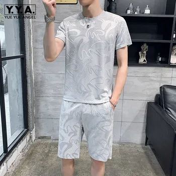 

Summer Printed Short Sleeve T Shirt Set Elastic Waist Shorts Men Sportswear High Street Casual Tracksuit Plus Size 4XL