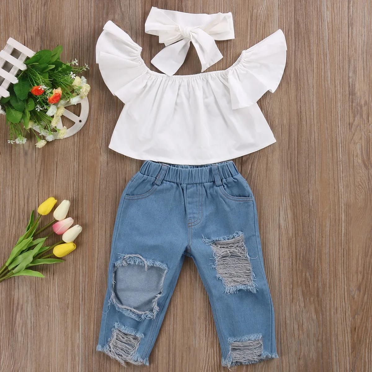 2Pcs Girls Kids Off Shoulder Outfits Baby Casual Toddler Tops Ripped Denim Pants Jeans Outfits Set Clothes