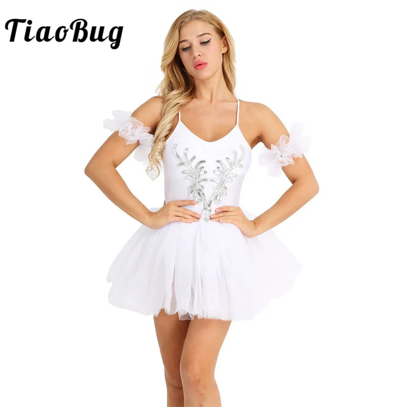 

TiaoBug Women White Swan Lake Costumes Professional Ballet Tutu Dress Spaghetti Straps Sequin Ballet Leotard Stage Dance Costume