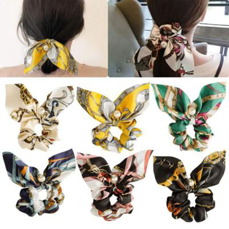 

European And America Bohemian Print Flower Rabbit Scrunchie For Women Imitation Pearl Bow Elastic Hair Bands Hair Accessories