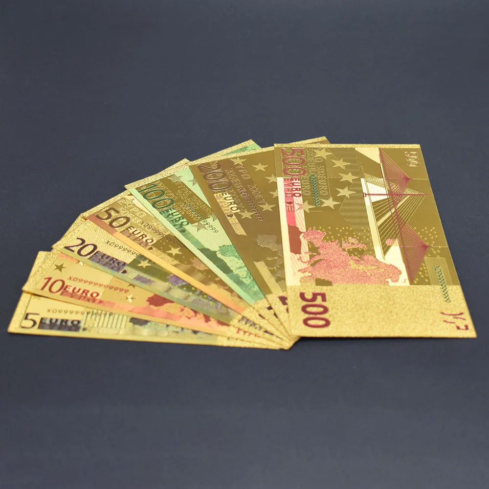 7 шт. евро Золотая фольга для банкнот памятные банкноты украшения 5 10 20 50 100 200 500 EUR позолоченные европейские коллекции