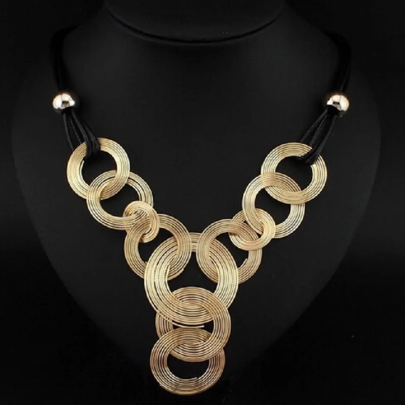 

Black Leather Chain Weave Circle Metal Wire Chokers Colares Pendants Necklaces Statement Jewelry Collar