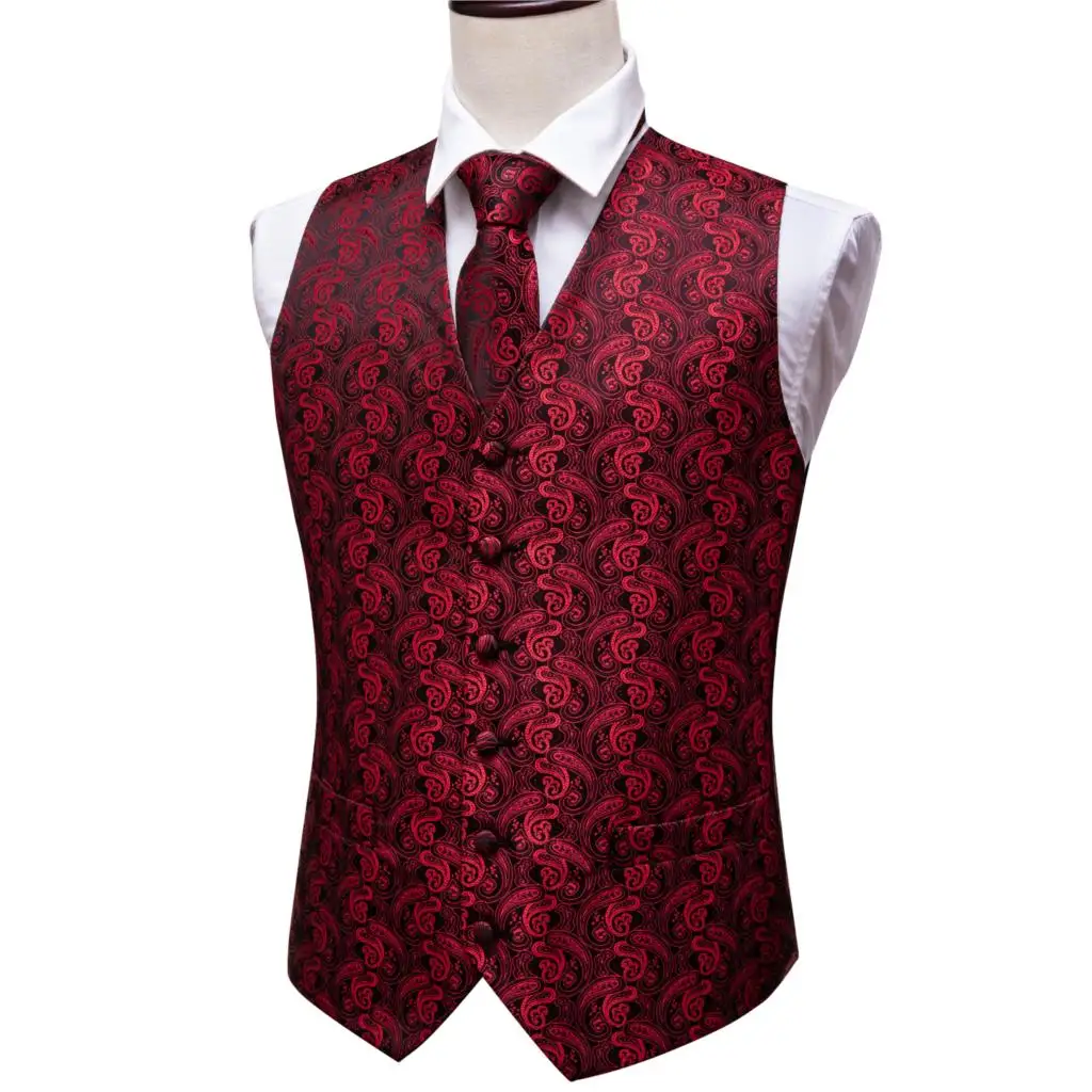 Мужской костюм с v-образным вырезом жилет красное короткое пальто в формальном стиле Галстук Пейсли набор запонки платок для смокинга деловые жилеты Барри. Ван MJ-2001