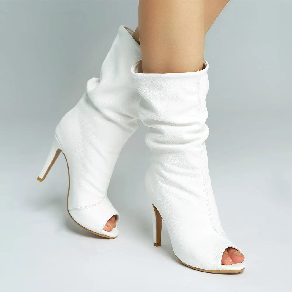 knee high white leather boots