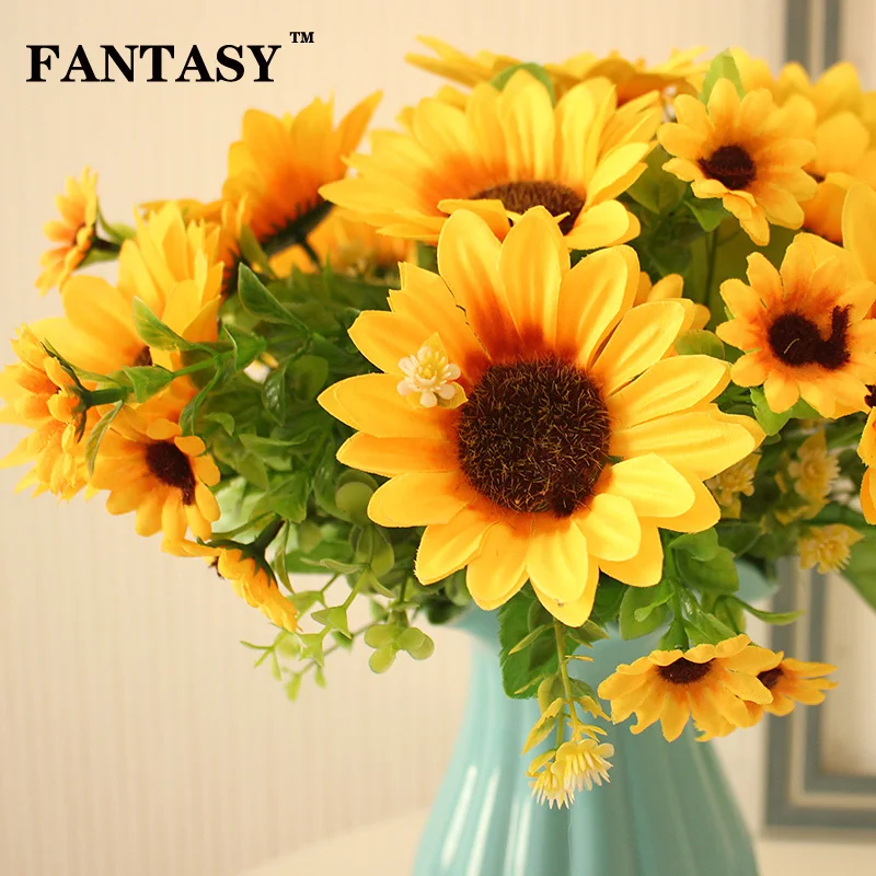 

FANTASY 7Fork Fake Sunflower Artificial Silk Flowers Bouquet Crafts Floral Table Decoration False Helianthus Faux Plant for Home