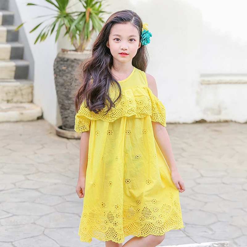 

Cotton Hollow Out Off Shoulder Holiday Teenage Girls Dress Summer 2018 Ruffles Yellow Purple Baby Girls Children Dresses Clothes